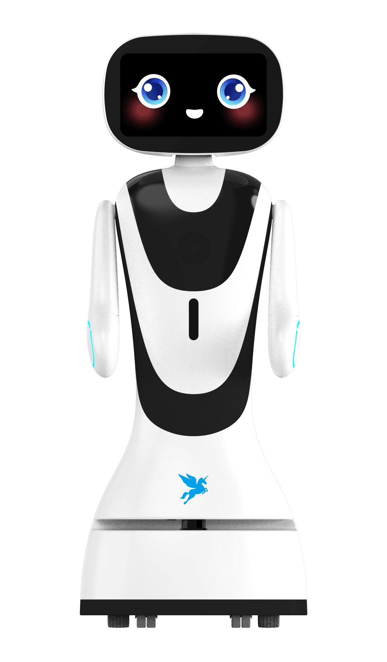 Robotul TIMO văzut din față, cu ecran tactil, brațe articulate și bază autonomă
