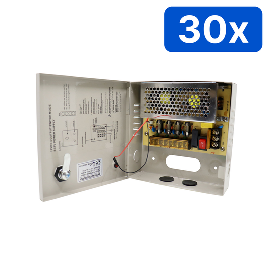 Sursă alimentare YDS 12V 5A în comutație, cutie metalică cu yală, 4 ieșiri partajate cu siguranțe fuzibile – Bax 30 bucăți